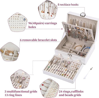 BOOVO Earring Jewelry Box For Women Girl Stud Organizer, 4 Layers Girl Jewelry Organizer Box With Lock Earring Holder Organiz