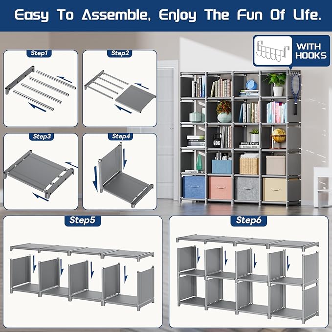 Mavivegue 20 Cube Book Shelf, Storage Organizer, Large DIY Bookcase, Metal Cube Bookshelf, Cubbies Closet Storage Organizer S