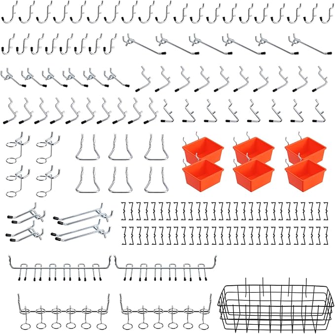 ENJOYWOOD Pegboard Organizer Accessories Kit 155 PCS, Peg Board Hooks Assortment with Bins, Baskets for 1/4 inch Pegboard Wal