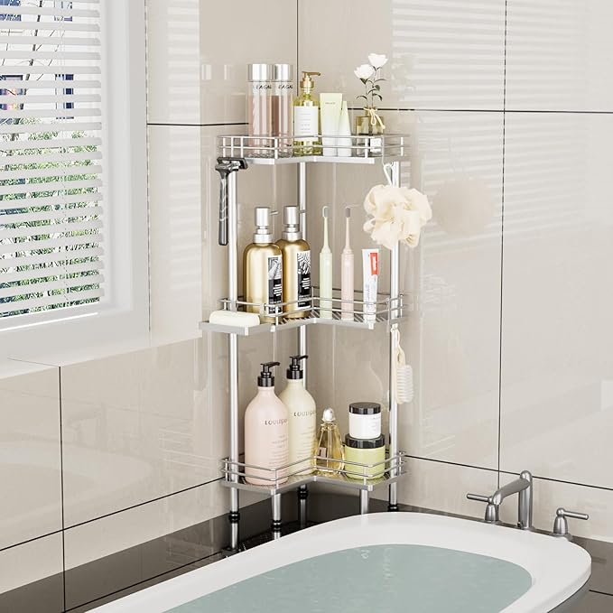 Consumest Corner Shower Caddy Standing - 3-Tier Stainless Steel Shower Organizer with Soap Holder and 4 Hooks, Large Capacity