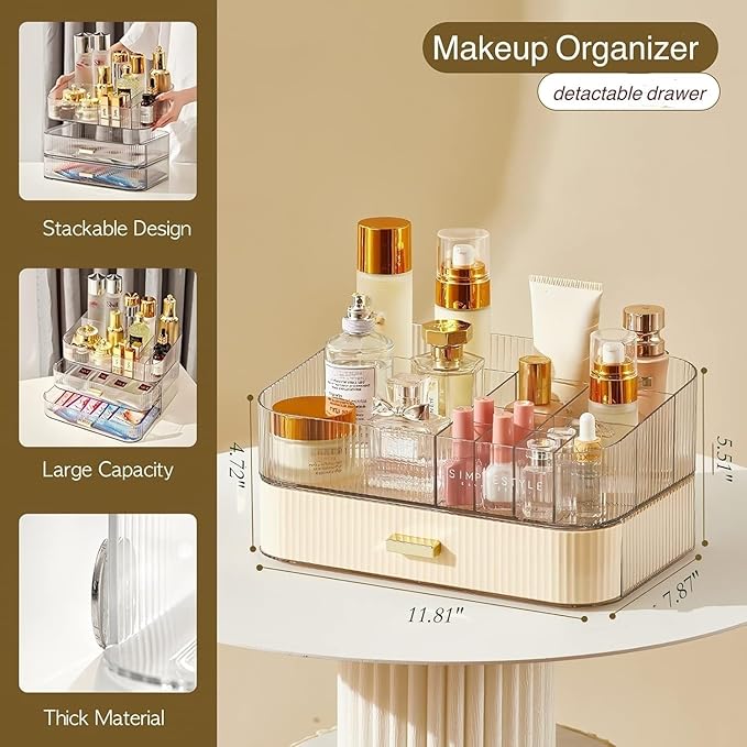 Makeup Organizer with Drawer, Stackable Cosmetic Organizer for Vanity and Bathroom Countertop, Clear Storage for Perfume, Ski