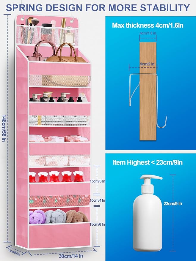 Over the Door Organizers Storage - 5 Shelf Hanging Storage shelves Door Organizer with Pockets, Anti Tilt 44 lb Load Behind D