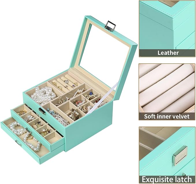 BOOVO Clear Lid Jewelry Box,3 Layers Jewelry Organizer Large Multi-Functional Jewelry Storage Box with 2 Drawers,Jewelry Disp