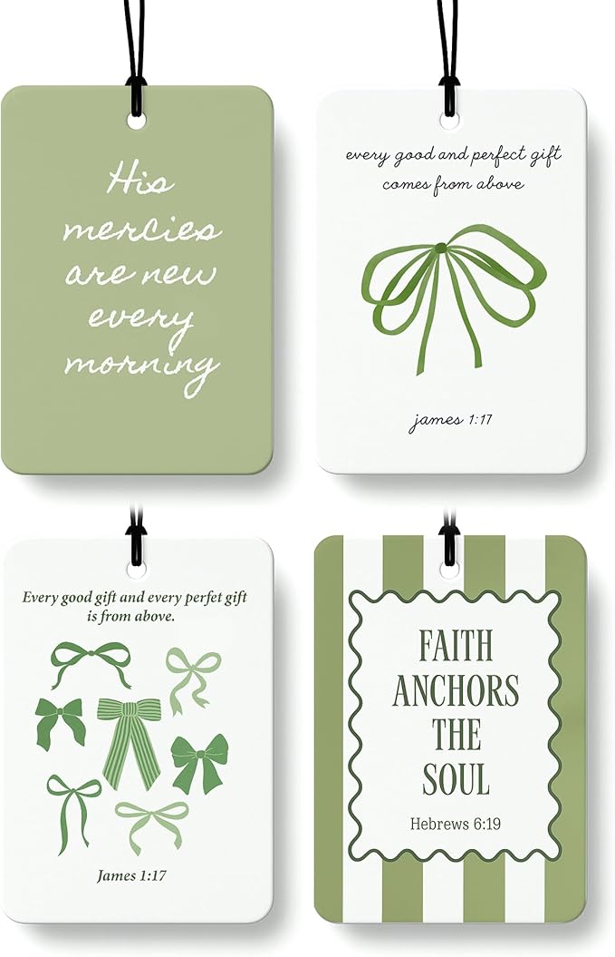 Green Coquette Bow Christian Cologne Car Air Freshener 4 Pcs, Preppy Green Ribbon Religious Hanging Air Freshener for Cars Ba