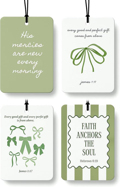 Green Coquette Bow Christian Cologne Car Air Freshener 4 Pcs, Preppy Green Ribbon Religious Hanging Air Freshener for Cars Ba