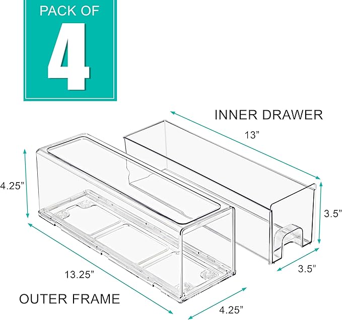Sorbus Small Clear Stackable Storage Drawers – 4-Pack Plastic Organizer Bins with Handles – Stackable Pull-Out Storage Drawer