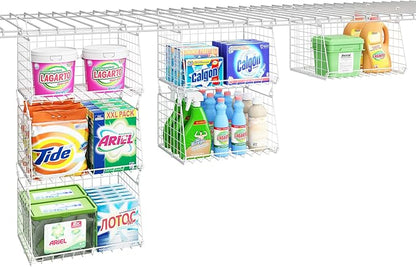 3-Tier Hanging Laundry Basket Organizer：Foldable Wire Shelf Laundry Room Organizer with 360°Rotating Hooks Small Space Soluti