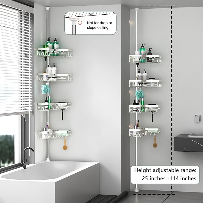 Corner Shower Caddy Tension Pole - Chrome Tension Rod Shower Caddy Adjustable Shampoo Holder for Bathroom/Bathtub/RV, Stainle
