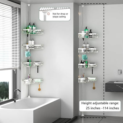 Corner Shower Caddy Tension Pole - Chrome Tension Rod Shower Caddy Adjustable Shampoo Holder for Bathroom/Bathtub/RV, Stainle