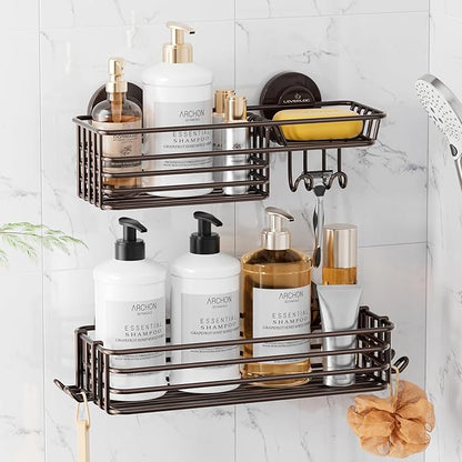 LEVERLOC Shower Caddy Suction Cup, 2 Pack Shelves for Inside with Hooks and Soap Organizer, NO-Drilling Bathroom Holder, Rust