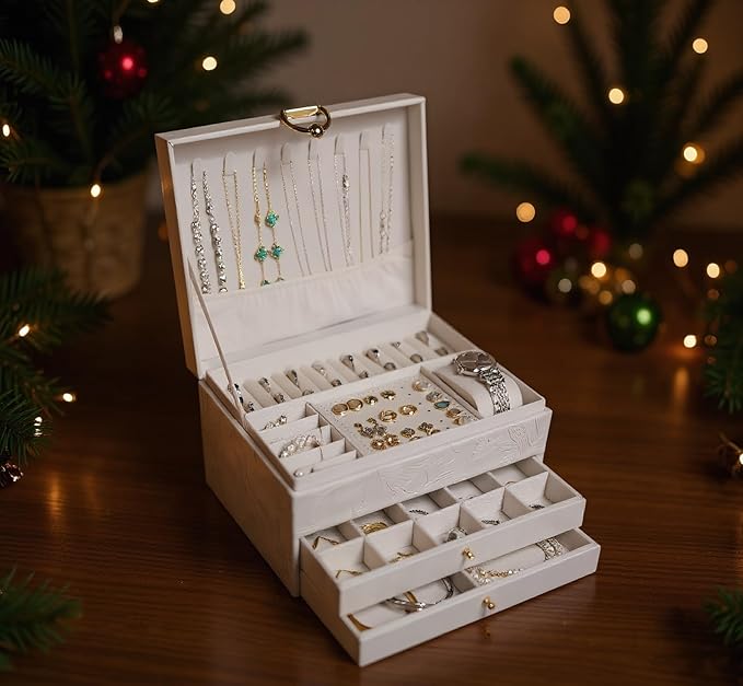 TOFUNTOY Jewelry Organizer Box, Large Jewelry Boxes for Women, 3-Layer Jewelry Holder Organizer for Necklace Earrings Rings B