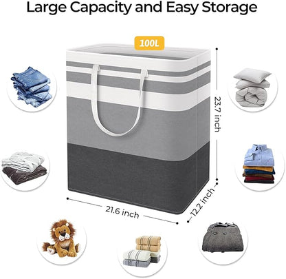 HomeHacks Laundry Basket,100L Each Waterproof, Freestanding Laundry Hamper, Collapsible Tall Clothes Hamper with Extended Han
