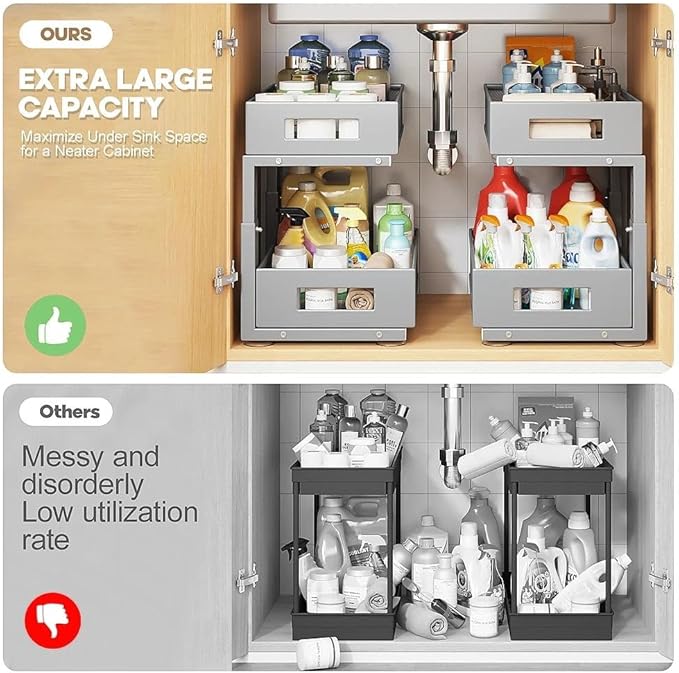 Under Sink Organizer, 2-Tier Dual Pull Out Cabinet Organizer Drawers With Smooth Circular Rail,Large Capacity Metal Mesh Slid