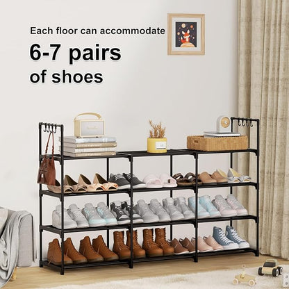 3 Row 4 Tier Long Shoe Rack, Black Metal Stackable Shoe Shelf with Multifunctional Hooks, Shoe Storage Hold 24-30 Pairs, Spac