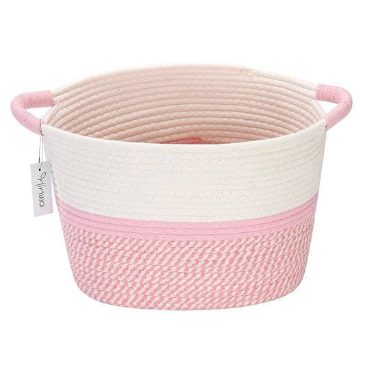 Hinwo Oval Cotton Rope Storage Basket Collapsible Nursery Storage Box Container Organizer with Handles, 13 x 10 inches, Off W
