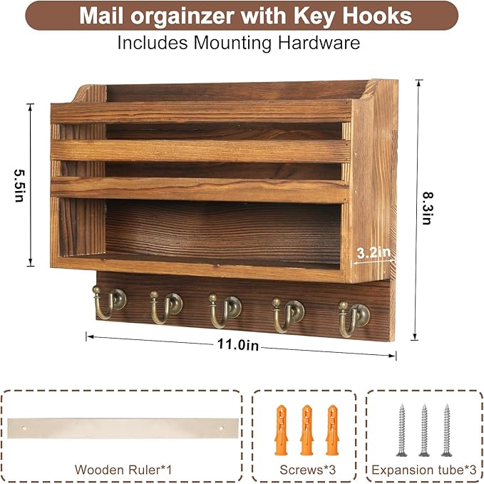 Mail and Key Organizer for Wall – Key Holder Wall Mount with Storage Box and 5 Key Hooks, Mail Holder Wall Mounted for Entryw