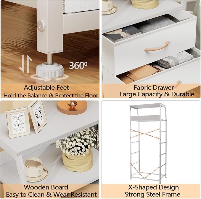 Furnulem White Dresser with 5 Drawers, Vertical Storage Tower Fabric Dresser for Bedroom, Hallway, Entryway, Nursery, Closet 