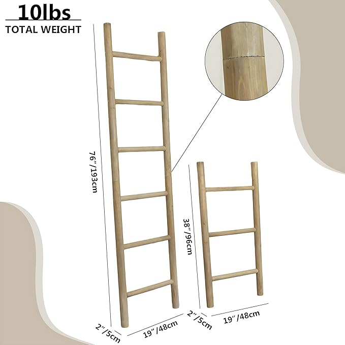 Wooden Blanket Ladder - 76in Natural & Motley Wood - Leaning Wall Decor for Bedroom, Bathroom, Living Room - Rustic Quilt Hol