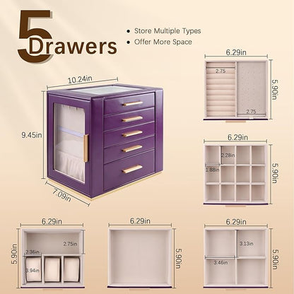 Homeanda Jewelry Box for Women with Glass Lid, 5 Drawers Jewelry Organizer and Storage for Necklaces, Rings, Earrings, Bracel