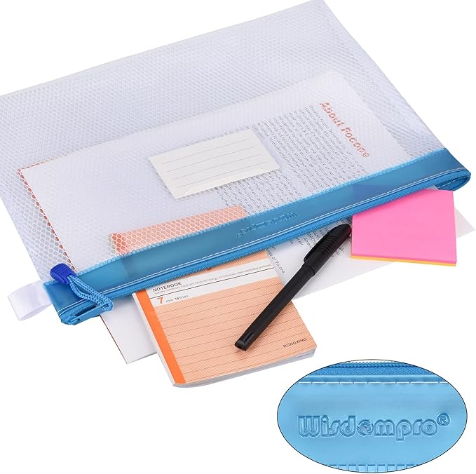 Wisdompro Zipper Pouch, 4 Packs Durable Letter Size Waterproof Mesh File Bag, Document Organizer - Blue/Purple