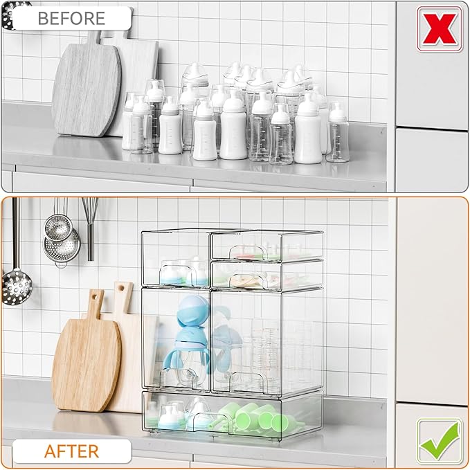 Yieach 6 Set Clear Baby Bottle Organizer for Countertop,BPA FREE Bottle Station Organizer for Breast Pump Parts,Pacifier and 