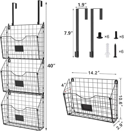 X-cosrack 3-Tier Hanging Wall Files Rack with Door Hooks and 6pcs S Shape Hooks, Over the Door File Organizer &Mounts on Wall