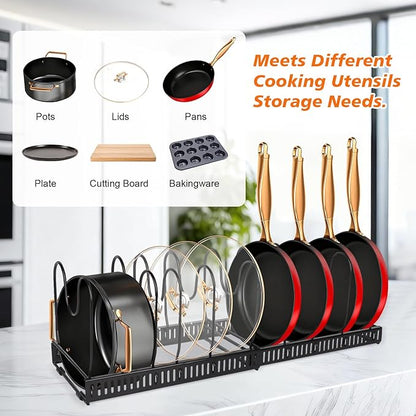 2 Pack Expandable Pot and Pan Organizer (11.8"-23") for Kitchen Cabinet - Under Sink Storage Rack with 13 Adjustable Dividers for Lids, Baking Sheets - Black & White, Tool-Free Assembly