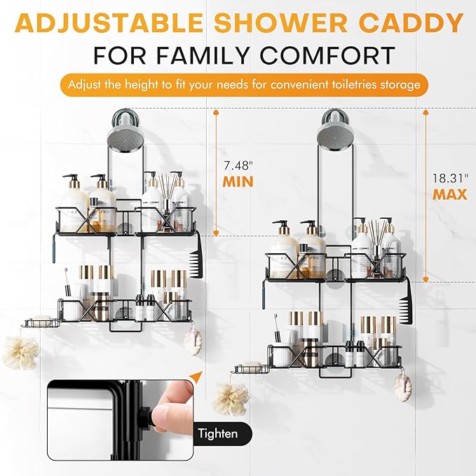 Adjustable Height Shower Caddy Hanging for Handheld Shower Heads, Shower Racks with Soap Holder 8 Hooks, No-Drilling, Anti-Sw