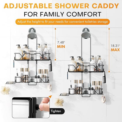 Adjustable Height Shower Caddy Hanging for Handheld Shower Heads, Shower Racks with Soap Holder 8 Hooks, No-Drilling, Anti-Sw