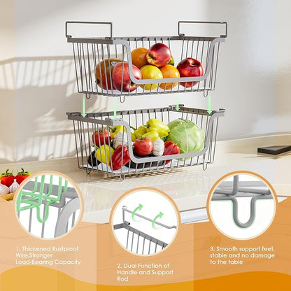 4 Pack Stackable Wire Baskets with Handles for Pantry Organizers and Storage, Fruit and Vegetable wire storage baskets, Potat