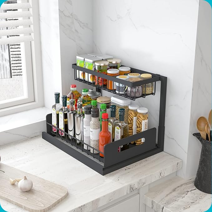 REALINN Under Sink Organizer, Pull Out Cabinet Storage 2 Tier Slide Out Sink Shelf, Kitchen Organizers and Storage, Black, 1 