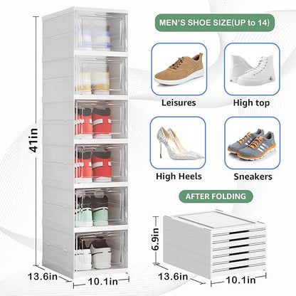Shoe Storage Organizer Box 6-Tier Foldable Collapsible Stackable Shoe Rack Bins, Fit Size 12, No Assembly, for Men and Women