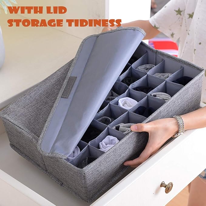 AARAINBOW 2 Packs Underwear Socks Ties Storage Organizer with Lids Foldable Closet Drawer Organizer 60 Cells, Fabric Wardrobe