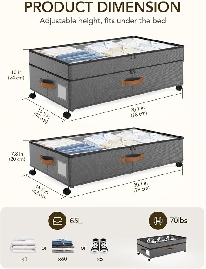 Under Bed Storage with Wheels, 10 inches Under Bed Storage Containers, 65L XXL Large Adjustable Underbed with Lids, Rolling U