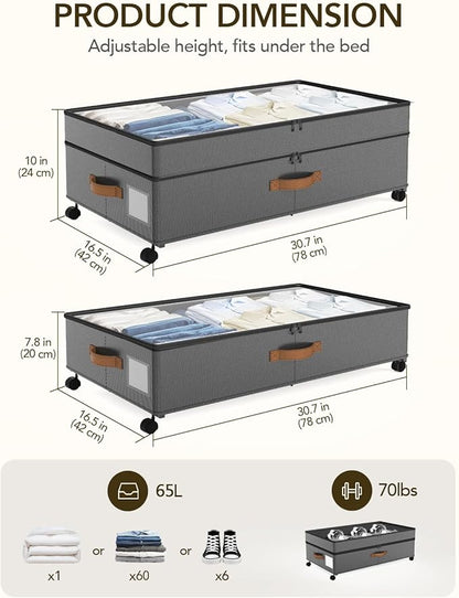 Under Bed Storage with Wheels, 10 inches Under Bed Storage Containers, 65L XXL Large Adjustable Underbed with Lids, Rolling U