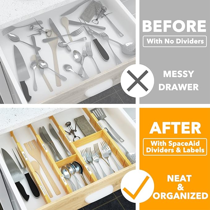 SpaceAid Bamboo Drawer Dividers with Inserts and Labels, 4 Dividers with 9 Inserts (17-22 in), Bag Storage Organizer (4 Pack)