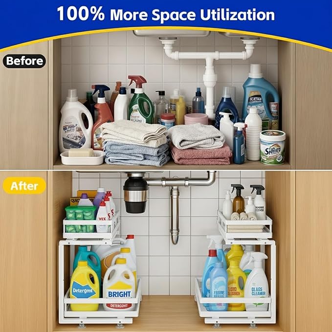 Under Sink Organizer, Dual-Rail Ball-Bearing, Under Kitchen Sink Organizer, 6-Level Adjustable, Under Cabinet Organizer, No-D