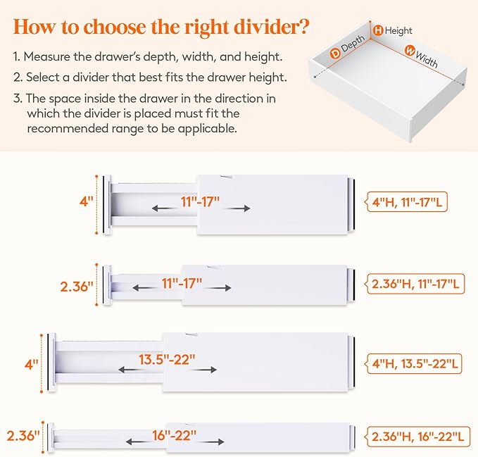 Lifewit 5" Tall 5 Pack Deep Drawer Divider, 11.5-18.5" Expandable Drawer Divider for Clothes with 8 Pack Drawer Dividers 4" H
