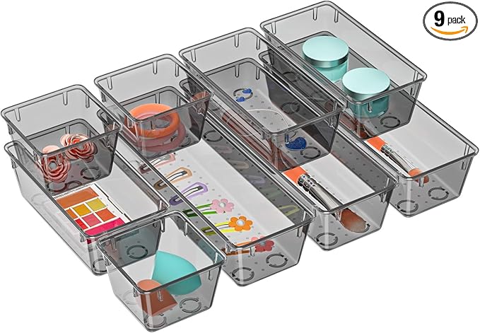 WOWBOX 9 Pack Clear Drawer Organizer Set, Acrylic Drawer Storage Trays, Storage Bins for Makeup, Cosmetics, Jewelries, Utensi