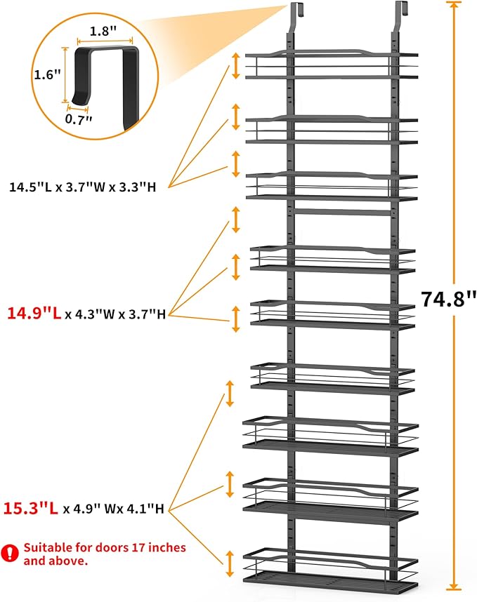 Moforoco 9-Tier Over The Door Pantry Organizer, Pantry Organization and Storage, Black Hanging Basket Wall Spice Rack Seasoni
