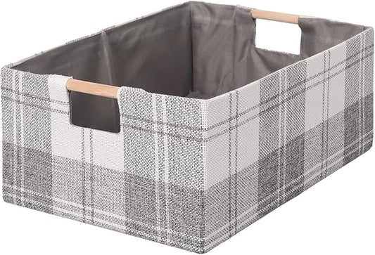 Fabric Storage Bin Box Collapsible Cotton Linen Storage Cube with Wooden Handles Rectangular Decorative Home Organizer Clothe