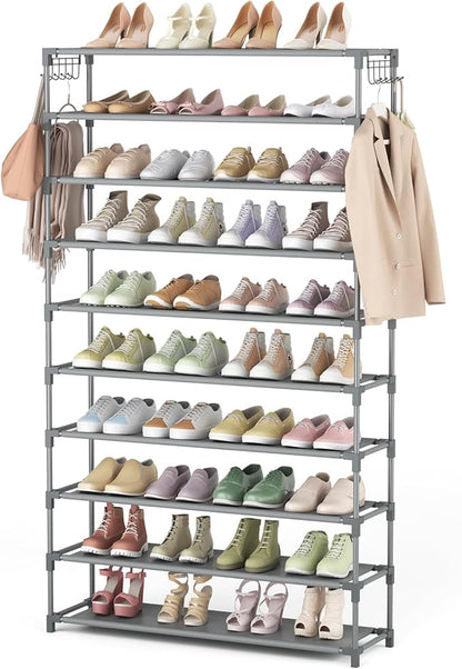 LANTEFUL 10 Tiers Shoe Rack 50 Pairs Large Capacity Tall Shoe Organizer Sturdy Shoe Storage with Two Hooks Space Saving Metal