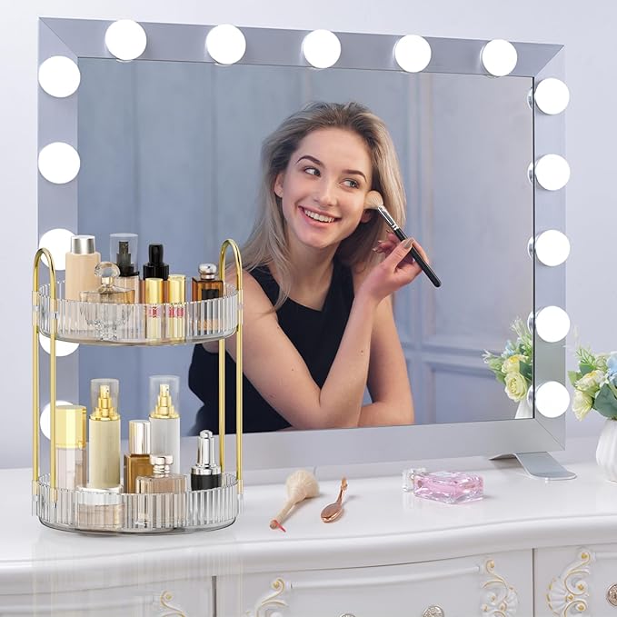MOKANI 360 Rotating Makeup Organizer for Vanity, 2 Tier Adjustable Perfume Organizer for Dresser, Multi-Function Spinning Cos