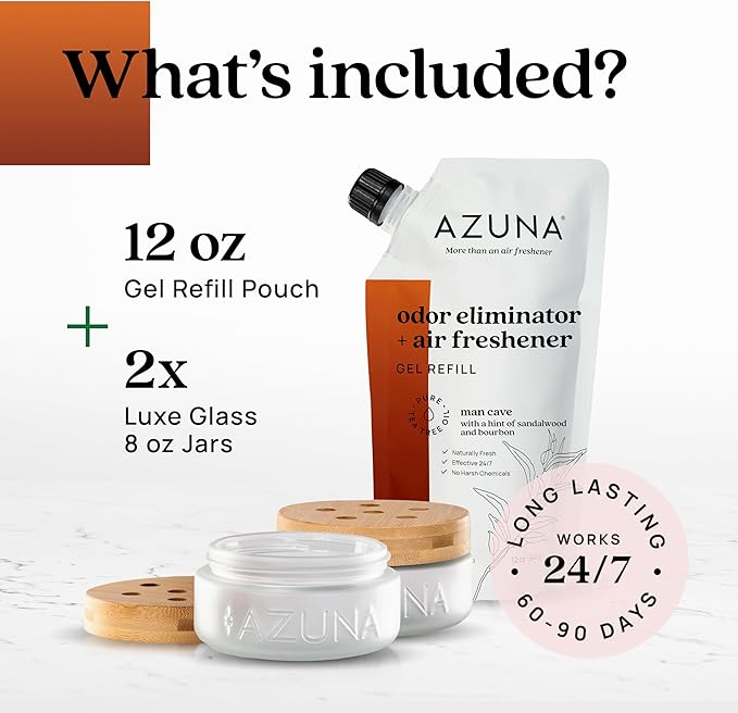 Azuna Air Freshener & Odor Eliminator for Strong Odor | 2 Room Kit Includes (2) Empty Luxe Glass Jar & 12oz Gel Refill with T