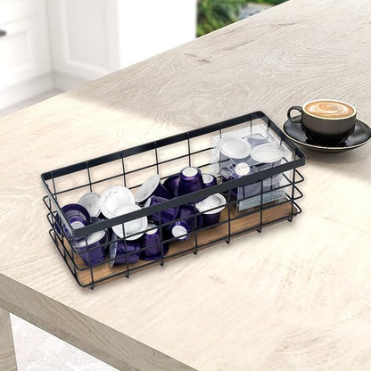 TIEYIPIN Farmhouse Decor Metal Wire Storage Baskets, Wood Base Containers Organizing Basket Caddy Bin for Kitchen Cabinets, B