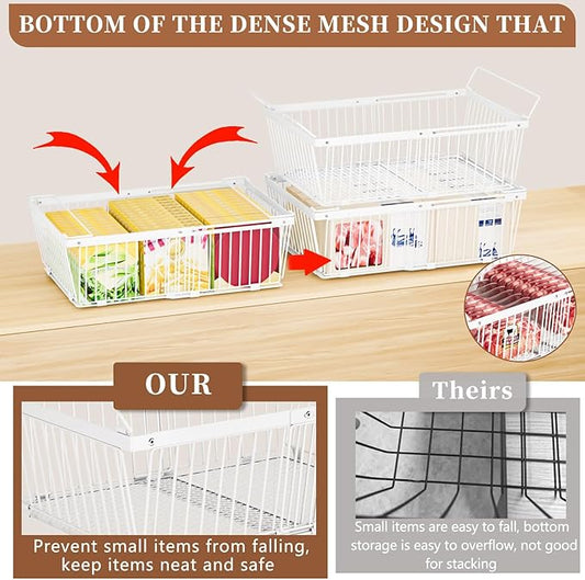 Large Freezer Organizer Bins，Upgraded Bottom Leak-Proof net，3 Pack， Expandable Stackable Chest Freezer Containers with Handle