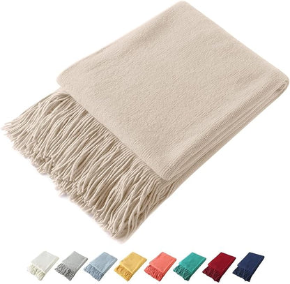 Homiest Decorative Knitted Throw Blanket with Fringe, Lightweight Acrylic Knit, Soft & Cozy Tassel Blanket for Couch, Sofa, B