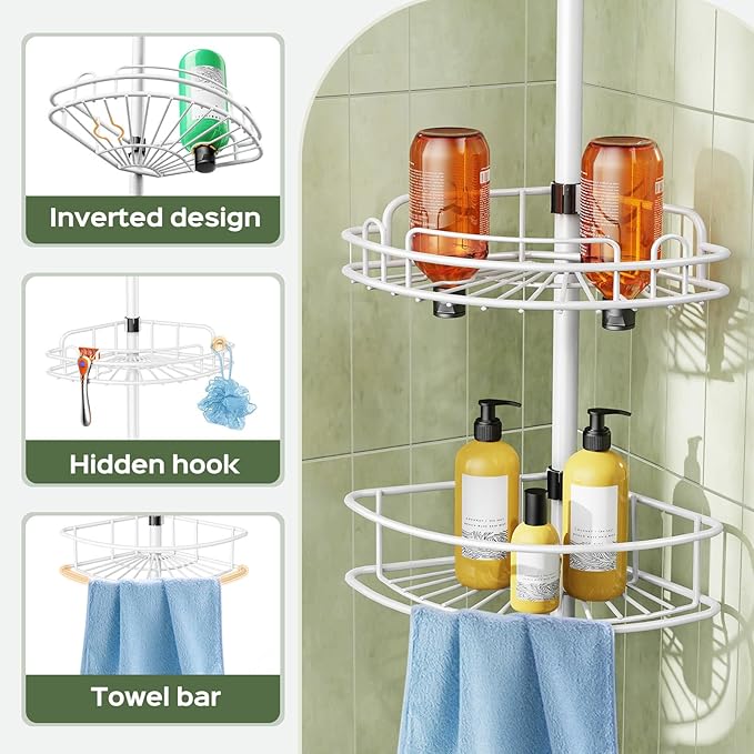 HAMITOR Corner Shower Caddy Tension Pole: Rustproof Bathroom Organizer Shelves for Bathtub Shampoo Accessories Storage Holder