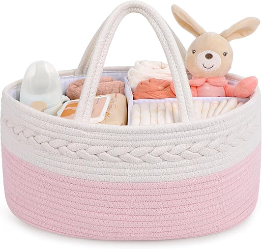 Maliton Diaper Caddy for Baby Girl-Cotton Rope Diaper Caddy, Diaper Organizer for Changing Table, Portable Baby Basket for St