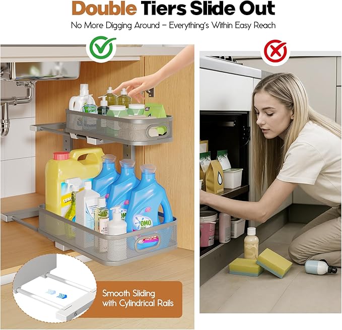 2 Pack 21.3IN-Depth Under Sink Organizer with Smooth Cylindrical Rail,2-Tier Pull Out Multi-Purpose Cabinet Storage for Bathr